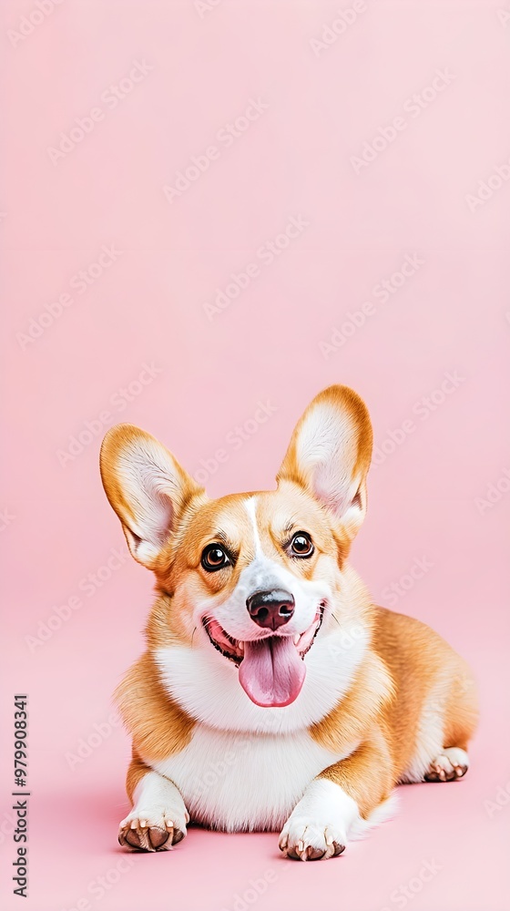 A Cardigan Welsh Corgi lying down comfortably, with its tongue out, on a minimalistic light solid color backdrop