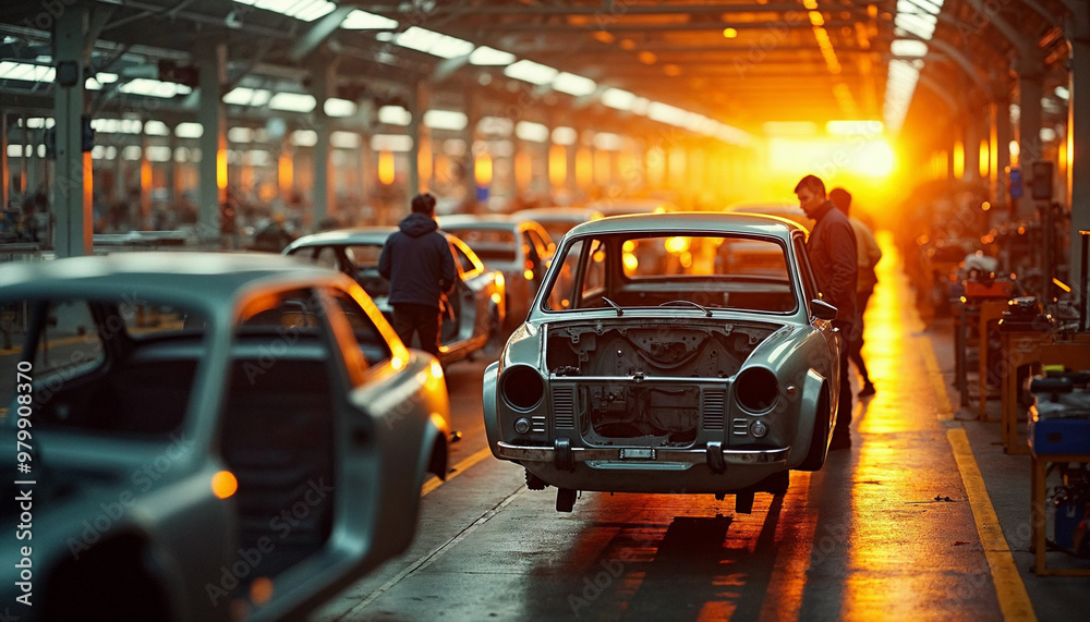 Interior view of a car manufacturing factory with incomplete car bodies and active workers on the assembly line.
Interior view of a car manufacturing factory with incomplete car bodies and active workers on the assembly line.