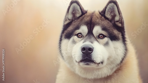 A close-up portrait of an Akita dog with expressive eyes and a calm demeanor, set against a soft pastel background