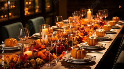 A top-down view of a beautifully set Thanksgiving table, featuring food, beverage