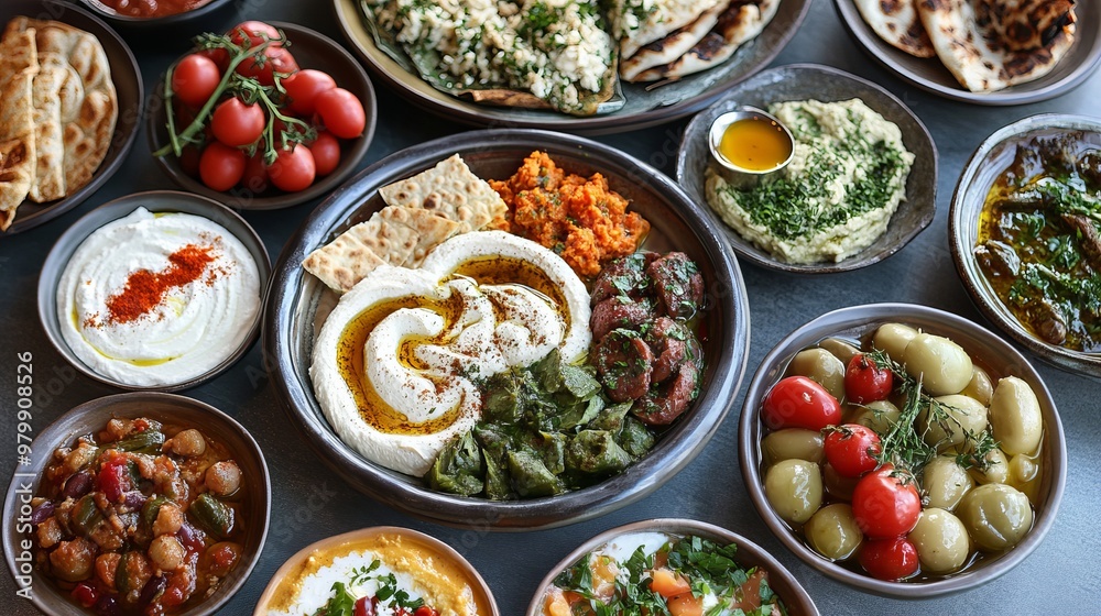 A Meze. The most popular Turkish dishes. A selection of small dishes served as appetizers, including dishes like hummus, baba ghanoush, dolma and haydari. A Meze. The most popular Turkish dishes. A selection of small dishes served as appetizers, including dishes like hummus, baba ghanoush, dolma and haydari.