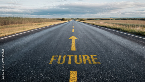 Empty road going to the horizon with yellow lines and an arrow with the word Future, concept Road to the Future