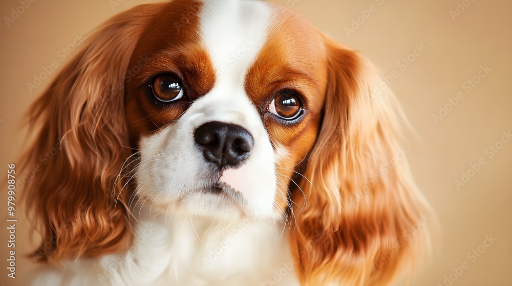 Naklejka premium A close-up portrait of a Cavalier King Charles Spaniel, showcasing its beautiful coat and expressive eyes against a soft, solid color backdrop