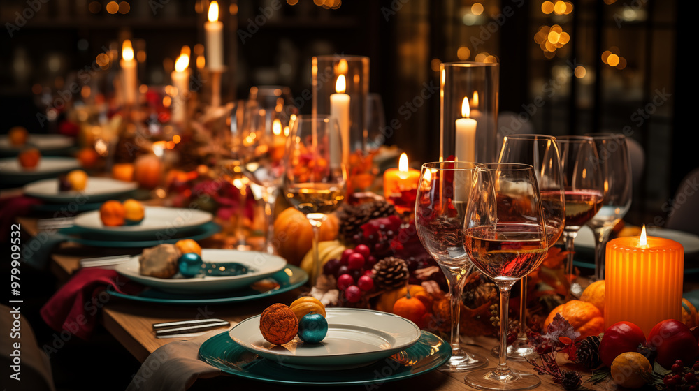A top-down view of a beautifully set Thanksgiving table, featuring food, beverage A top-down view of a beautifully set Thanksgiving table, featuring food, beverage