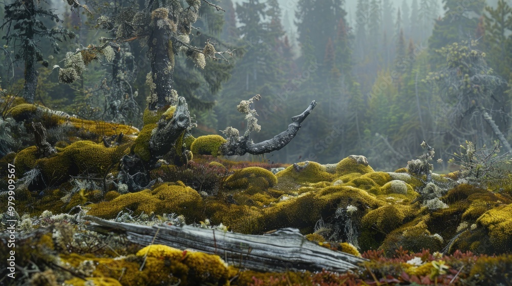 Nature scene in the north with lichen moss and snags Ample space for text Nature scene in the north with lichen moss and snags Ample space for text