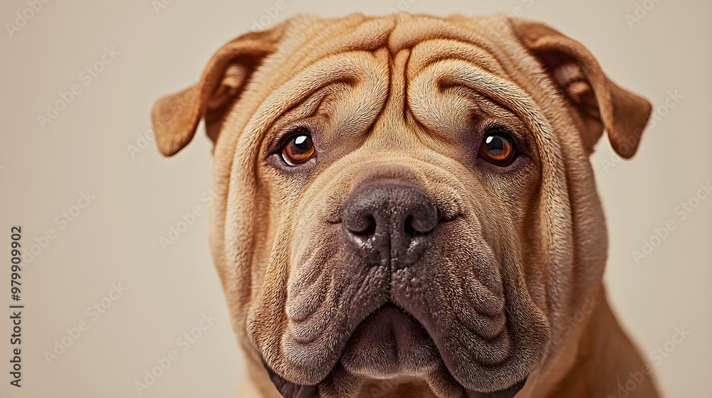 A close-up portrait of a Chinese Shar-Pei dog with its distinctive features highlighted, including deep-set eyes and a broad muzzle, with a light solid color background A close-up portrait of a Chinese Shar-Pei dog with its distinctive features highlighted, including deep-set eyes and a broad muzzle, with a light solid color background