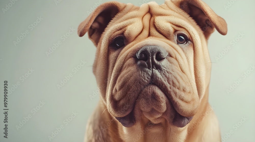A close-up portrait of a Chinese Shar-Pei dog with its distinctive features highlighted, including deep-set eyes and a broad muzzle, with a light solid color background A close-up portrait of a Chinese Shar-Pei dog with its distinctive features highlighted, including deep-set eyes and a broad muzzle, with a light solid color background