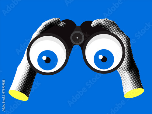 Modern collage with halftone hands hold binoculars. Searching, observing and watching concept