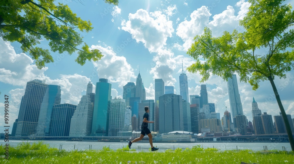 Obraz premium Cityscape jogging runner on riverside path with skyline, ideal for advertising text
