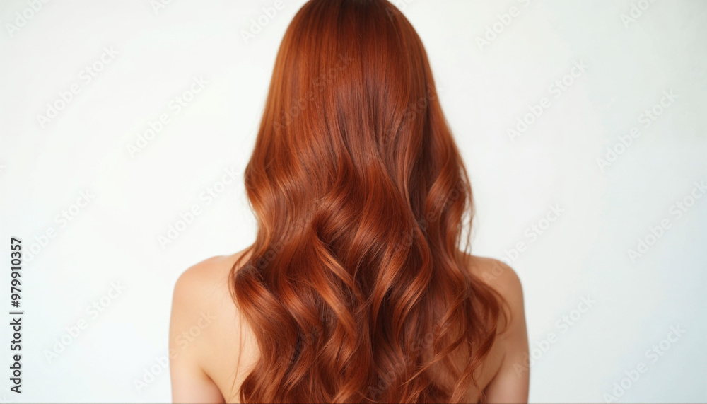 Fototapeta premium Back view of a woman with long, wavy copper-colored hair, styled to highlight its vibrant shine against a white background.