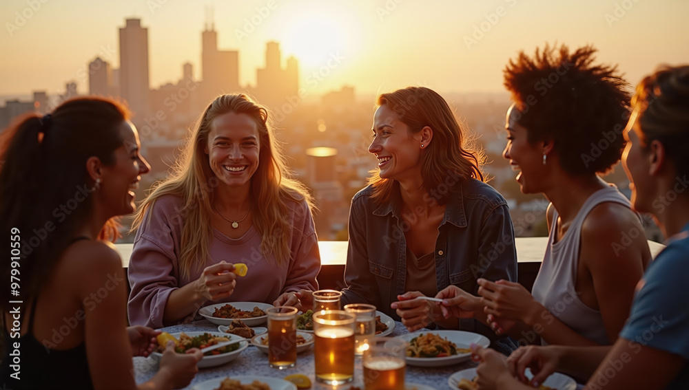 Group of women enjoying dinner and drinks on a rooftop at sunset, laughing and socializing in a relaxed setting Group of women enjoying dinner and drinks on a rooftop at sunset, laughing and socializing in a relaxed setting