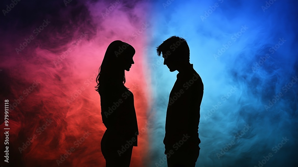 A man and a woman stand silhouetted against a red and blue smoky background. The man is on the right side of the image and the woman is on the left. They are both looking at each other. A man and a woman stand silhouetted against a red and blue smoky background. The man is on the right side of the image and the woman is on the left. They are both looking at each other.