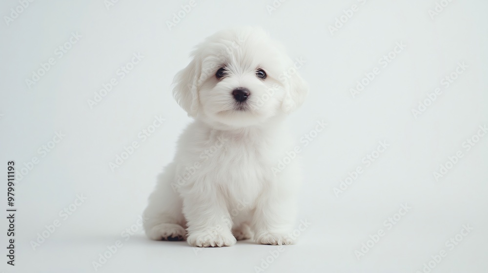 A playful Coton De Tulear puppy sitting on a light solid color background, showcasing its fluffy white coat and bright eyes A playful Coton De Tulear puppy sitting on a light solid color background, showcasing its fluffy white coat and bright eyes