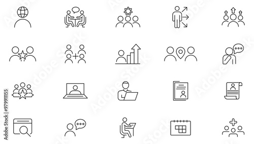 Meeting line icon set. Conference, team, brainstorm, seminar, interview, plan, manage, setting, interview, conference, assembly line icon set. UI thin line icon pack.