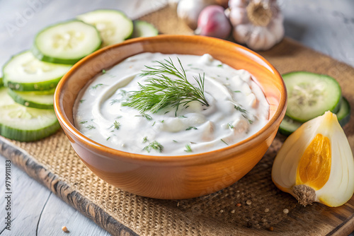 Yogurt dip with cucumber, garlic, and dill