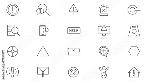 Warning line icon set. Exclamation mark, attention, danger, notice, stop, hazard, notification, danger alert, attention sign, emergency Line icon set. UI thin line icon pack.