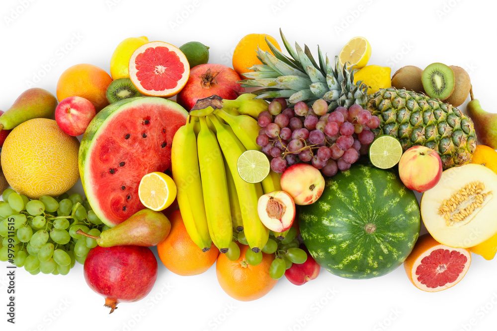 Many fresh ripe fruits isolated on white, top view Many fresh ripe fruits isolated on white, top view