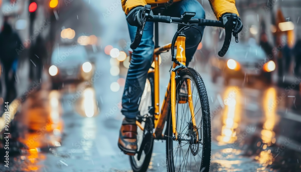 Cyclist in city bike lane with room for promotional text in modern urban setting Cyclist in city bike lane with room for promotional text in modern urban setting