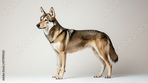 A majestic Czechoslovakian Vlcak dog standing proud against a light solid color background, showcasing its striking wolf-like features and strong physique photo