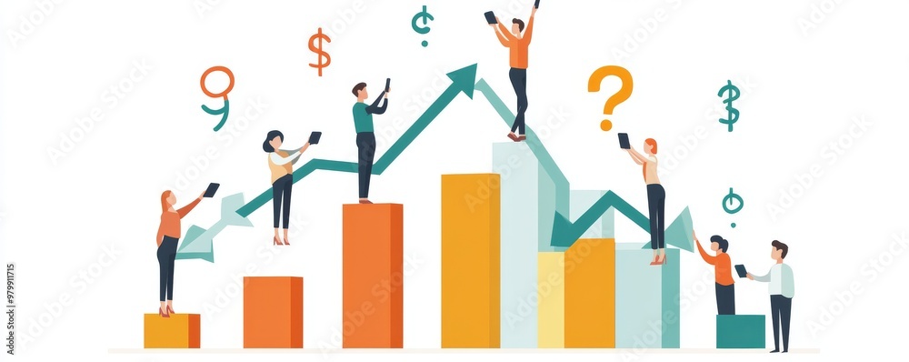 Team members climbing bar graph towards success and financial goals Team members climbing bar graph towards success and financial goals