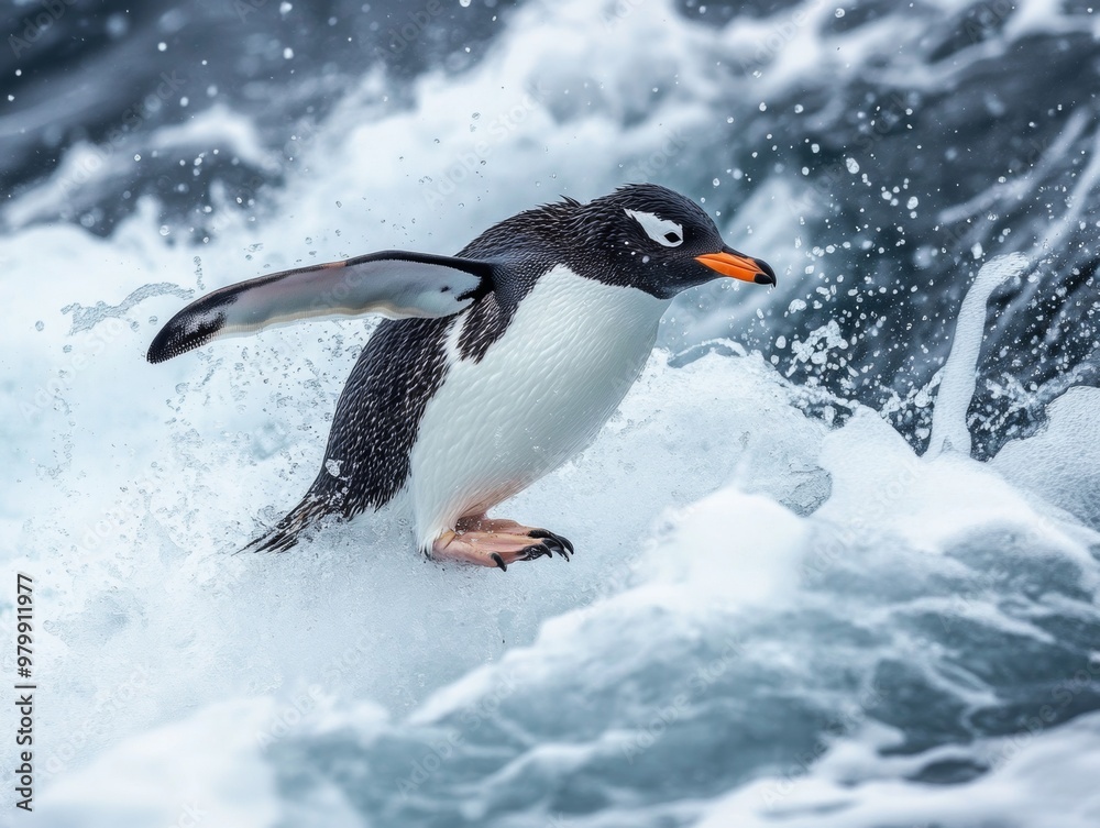 Fototapeta premium Majestic Penguin Diving into Icy Antarctic Waters with Dramatic Icy Landscape