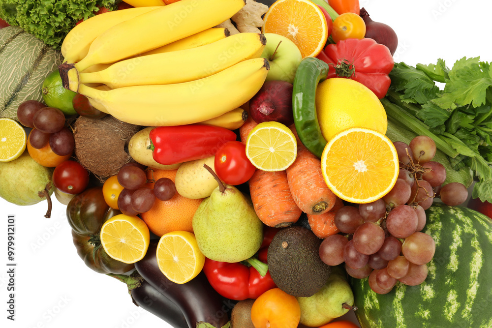 Many different fruits and vegetables isolated on white, top view Many different fruits and vegetables isolated on white, top view