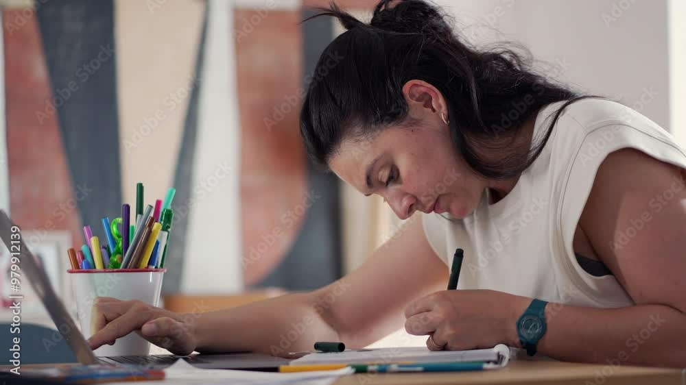 Woman studying and working on a laptop, surrounded by documents and stationery in a home office. Focused and concentrated indoor moment of productivity Woman studying and working on a laptop, surrounded by documents and stationery in a home office. Focused and concentrated indoor moment of productivity