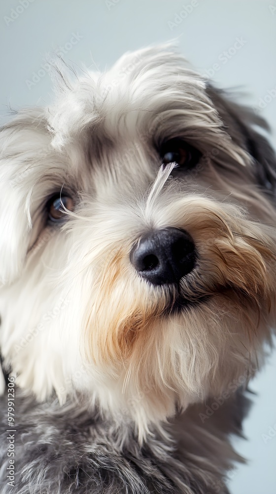 A close-up portrait of a Dandie Dinmont Terrier, highlighting its unique features and fluffy fur against a soft pastel background A close-up portrait of a Dandie Dinmont Terrier, highlighting its unique features and fluffy fur against a soft pastel background