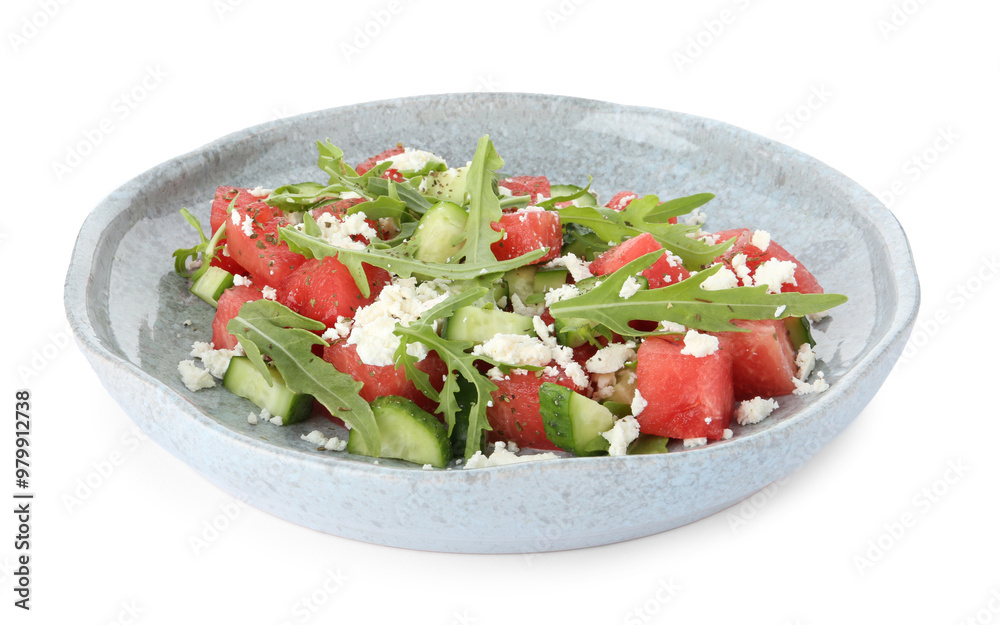 Delicious watermelon salad with feta cheese, cucumber and arugula isolated on white Delicious watermelon salad with feta cheese, cucumber and arugula isolated on white