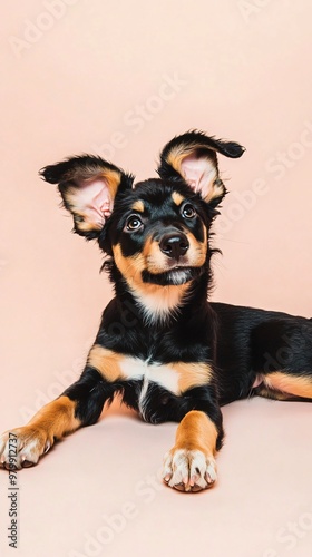 Wallpaper Mural A playful Deutscher Wachtelhund puppy lying on a light solid color background, its ears perked up and tail wagging Torontodigital.ca