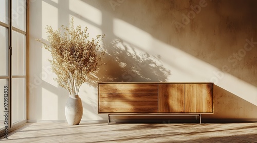 A modernist sideboard with polished chrome legs and a smooth matte finish, elegantly styled in a minimalist interior.