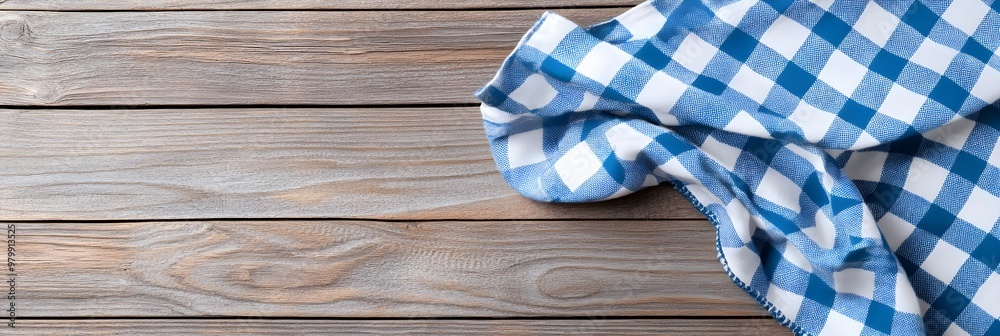 Bavarian tablecloth on wooden table background. Blue and white checkered cloth, napkin. Oktoberfest festival celebration. Bavaria flag. Banner with copy space