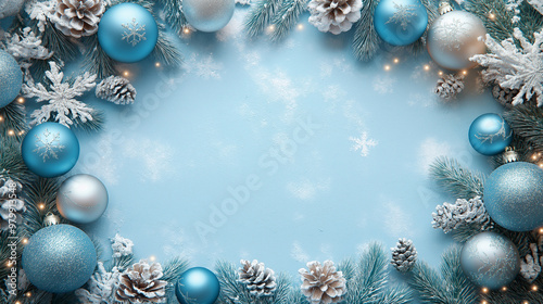 Christmas decorations view on the winter window background, gold and light pink balls