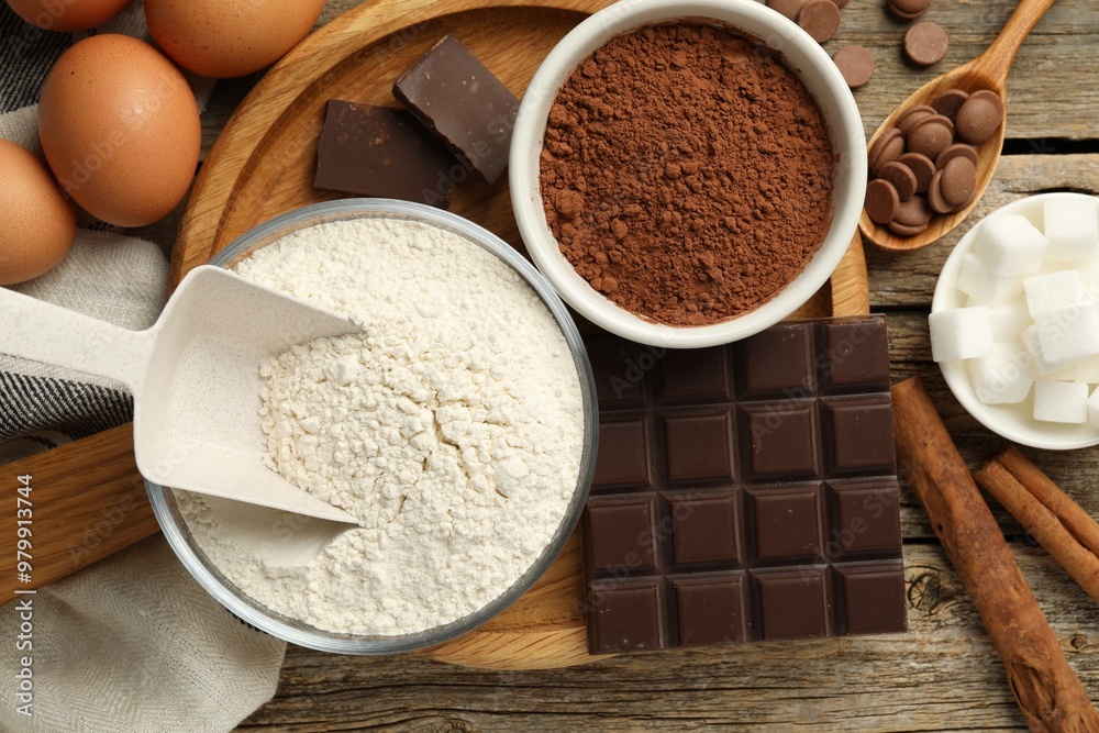Flour, chocolate, cocoa and eggs for making dough on wooden table, flat lay Flour, chocolate, cocoa and eggs for making dough on wooden table, flat lay