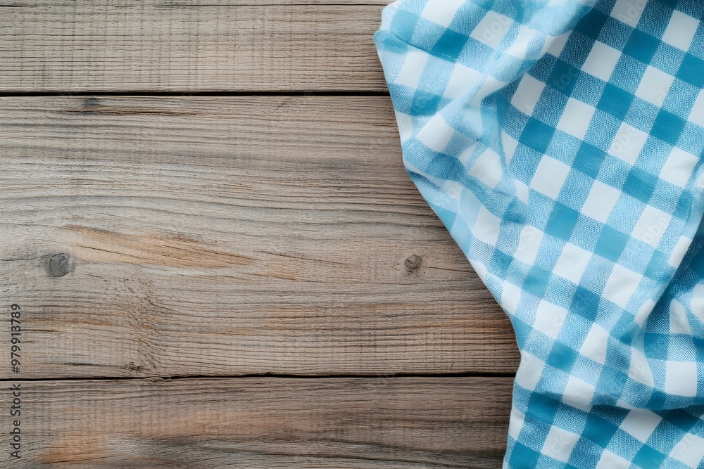 Bavarian tablecloth on wooden table background. Blue and white checkered cloth, napkin. Oktoberfest festival celebration. Bavaria flag. Banner, invitation with copy space Bavarian tablecloth on wooden table background. Blue and white checkered cloth, napkin. Oktoberfest festival celebration. Bavaria flag. Banner, invitation with copy space
