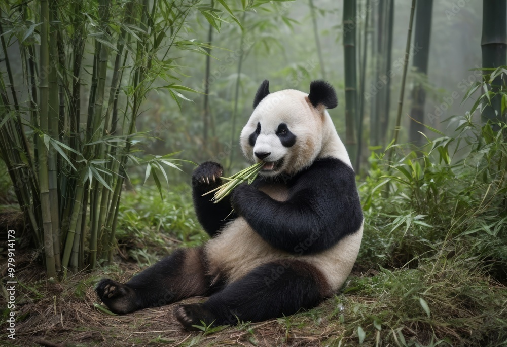 Obraz premium Panda enjoying bamboo in the forest