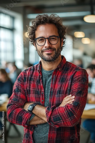 Confident man in casual plaid shirt and glasses standing with arms crossed in a modern office setting