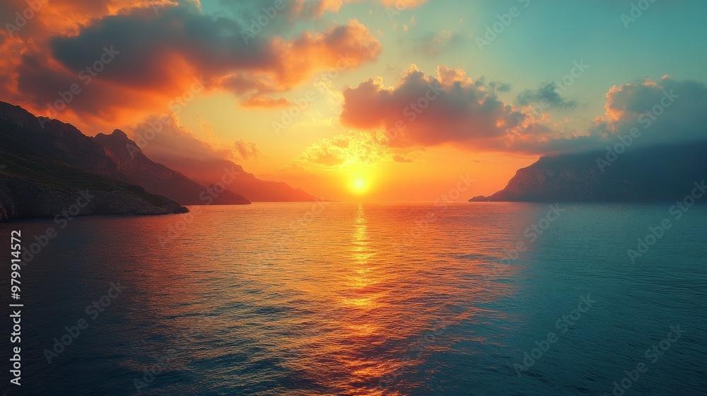 Naklejka premium Majestic Sunset Landscape Over Serene Ocean or Mountain Lake