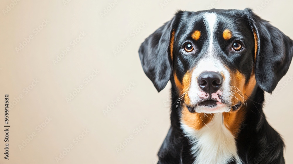 A close-up portrait of an Entlebucher Mountain Dog with a focus on its distinctive markings and alert expression, set against a light solid color background A close-up portrait of an Entlebucher Mountain Dog with a focus on its distinctive markings and alert expression, set against a light solid color background