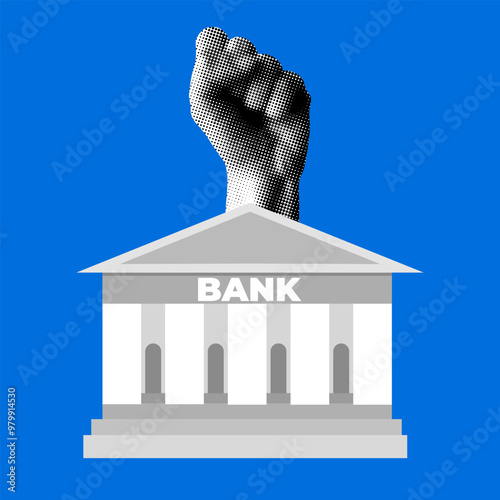 Modern collage with bank and human fist. Financial and economic stability and strong banking system concept