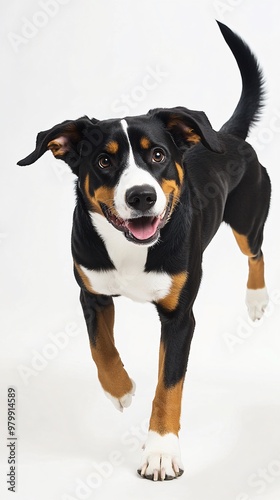 An Entlebucher Mountain Dog in a playful stance, with its tail wagging, captured against a light solid color background that highlights its playful nature photo