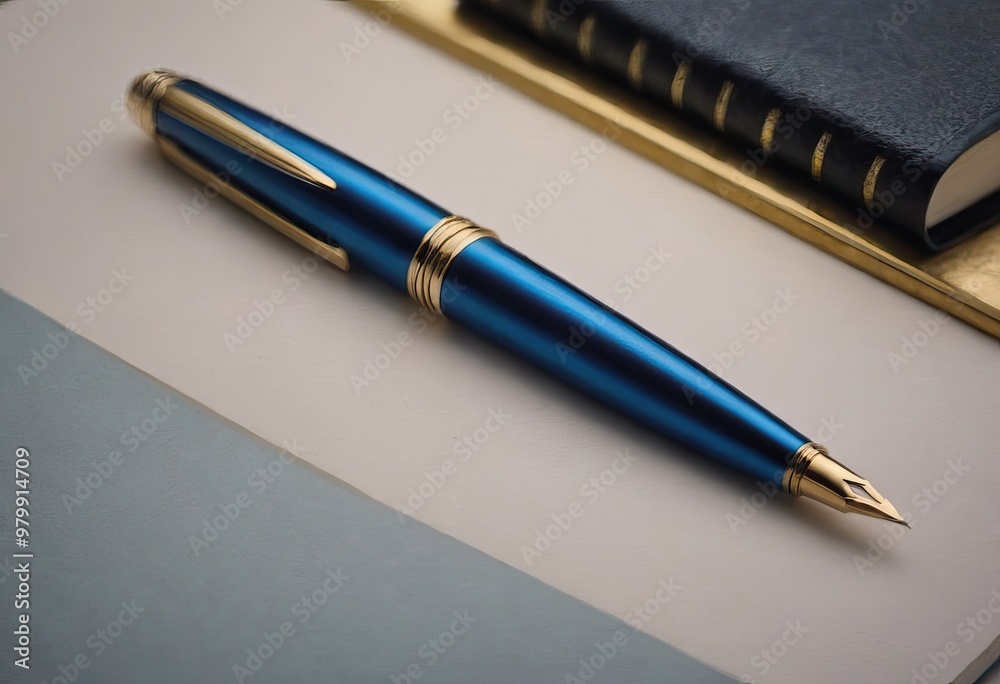 A vibrant blue fountain pen is elegantly resting atop a notebook A vibrant blue fountain pen is elegantly resting atop a notebook