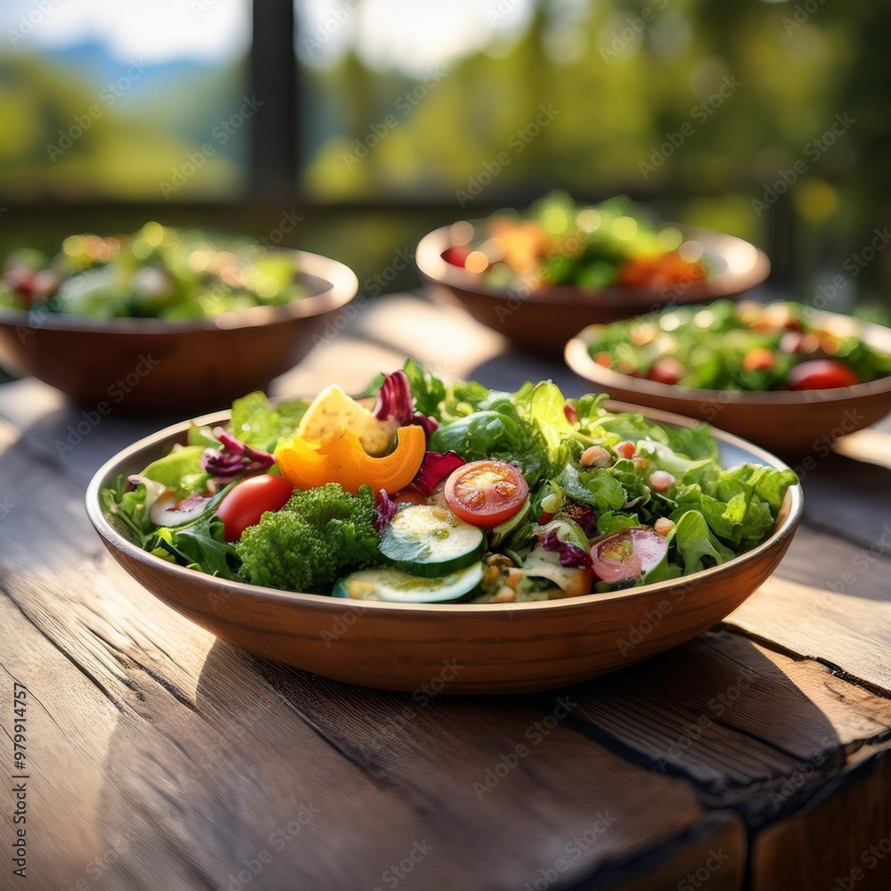 Rustic lunch salads with depth of field showcasing fresh greens, vegetables, and hearty toppings Rustic lunch salads with depth of field showcasing fresh greens, vegetables, and hearty toppings