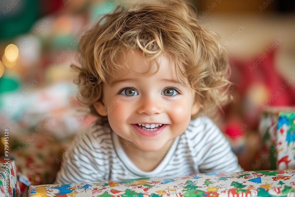 A joyful toddler with curly hair smiles brightly while surrounded by festive Christmas presents. A joyful toddler with curly hair smiles brightly while surrounded by festive Christmas presents.