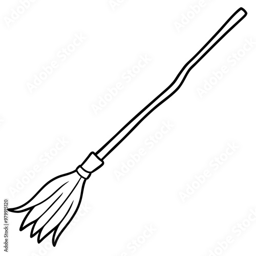 Rustic Broomstick with Twig Bristles - Vector Art