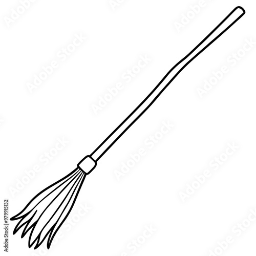 Rustic Broomstick with Twig Bristles - Vector Art