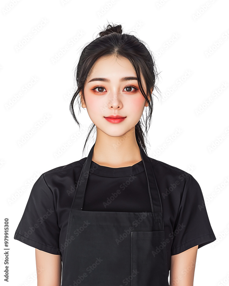young Asian woman standing confidently, wearing a barista apron, with an inviting smile on her face isolated on transparent background young Asian woman standing confidently, wearing a barista apron, with an inviting smile on her face isolated on transparent background