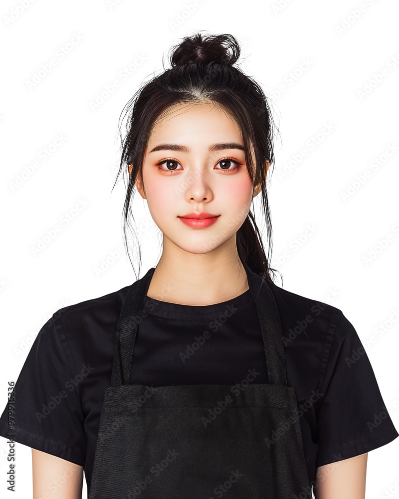 young Asian woman standing confidently, wearing a barista apron, with an inviting smile on her face isolated on transparent background young Asian woman standing confidently, wearing a barista apron, with an inviting smile on her face isolated on transparent background
