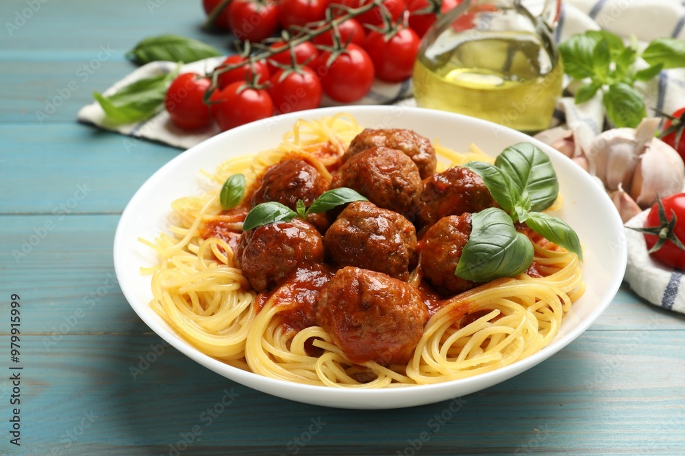 Delicious pasta with meatballs and ingredients on blue wooden table, closeup Delicious pasta with meatballs and ingredients on blue wooden table, closeup