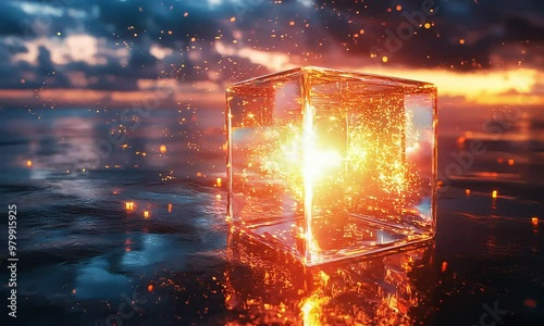 A glowing transparent cube floating at sunset, emitting radiant light, illuminated with golden sparks,  ocean reflects the warm hues of the setting sun, surreal, futuristic atmosphere, fire, energy